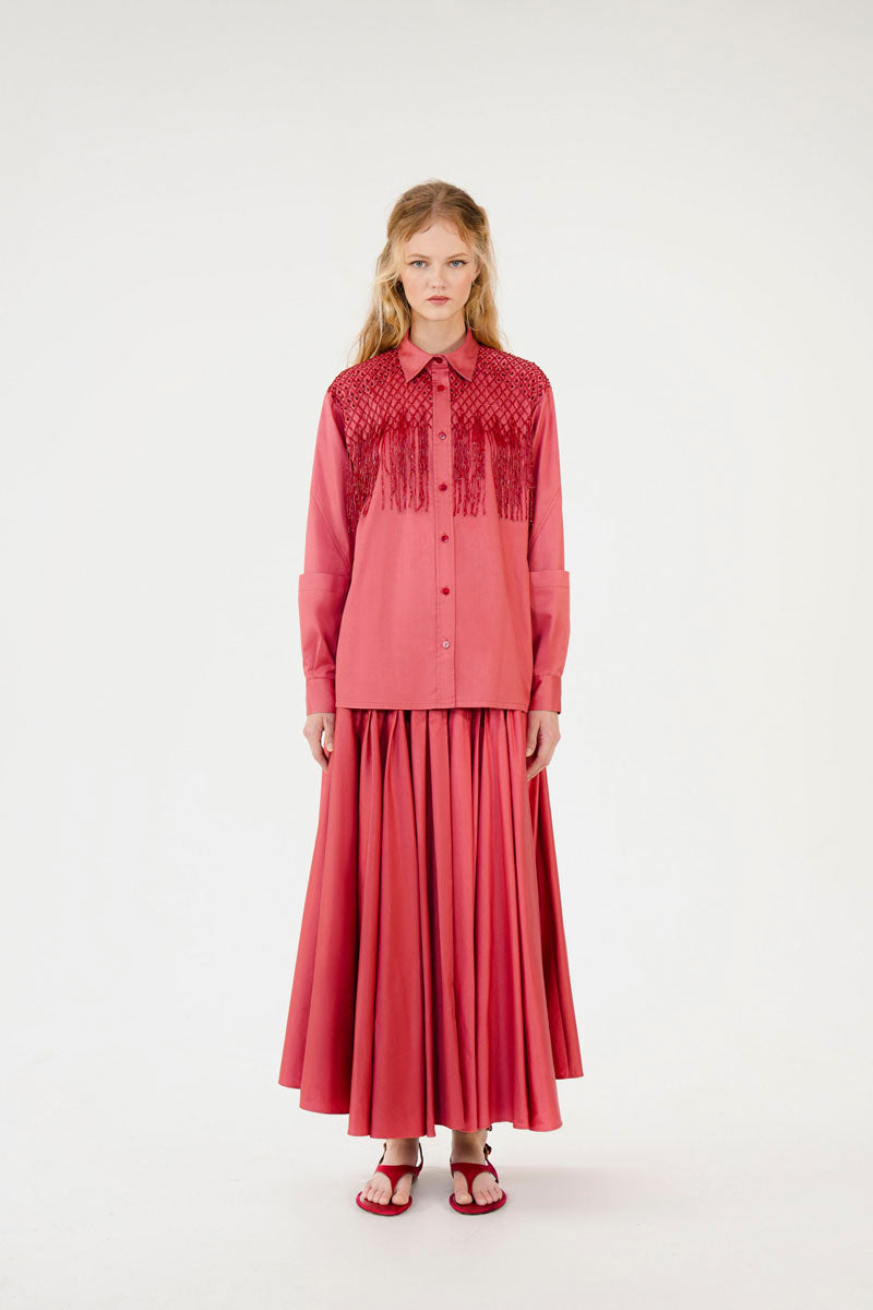 Mastani Saya fringed shirt in berry color, featuring a stylish design with fringe details on the sleeves and hem.