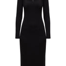 Undress SELMA black midi bodycon dress displayed on a hanger, showcasing its fitted silhouette and stylish design.