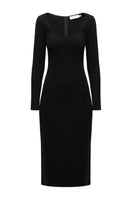 Undress SELMA black midi bodycon dress displayed on a hanger, showcasing its fitted silhouette and stylish design.