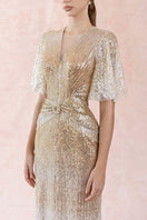 HACCHIC COUTURE sequin waist pleated maxi dress with flowing fabric and elegant design, perfect for formal occasions.