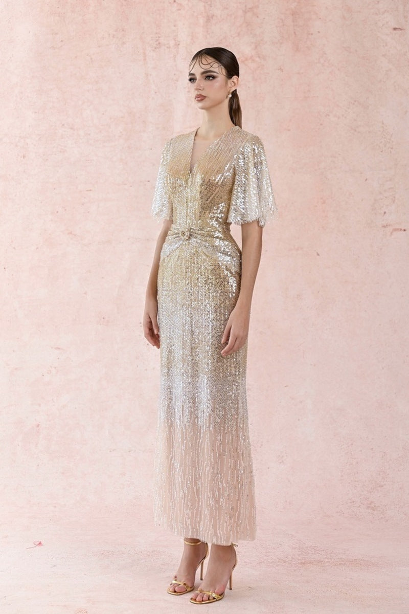pleated sequin dress Sequined Prom Dress Mermaid V-Neck Sweep Train With Pleated Silver / 18