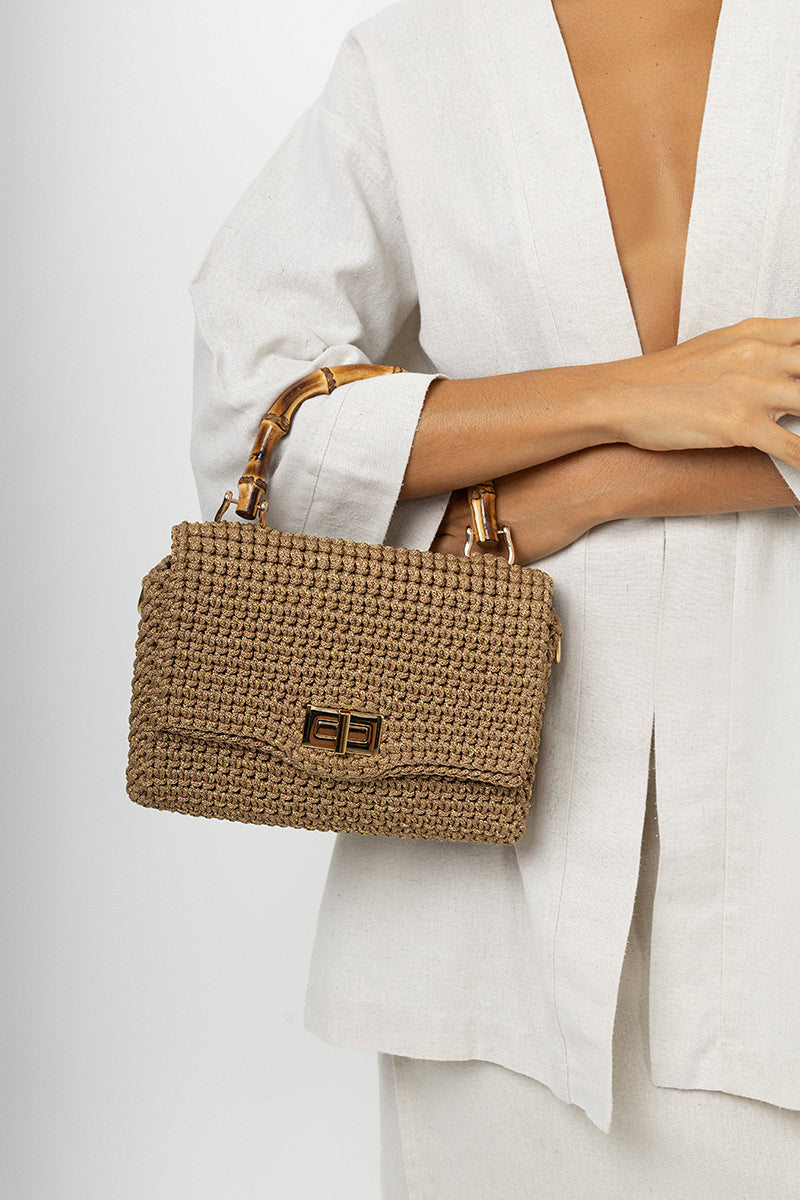 Mara Brazil Serena Bag Lurex top handle bag with metallic gold finish, stylish and elegant accessory for casual or formal outfits.