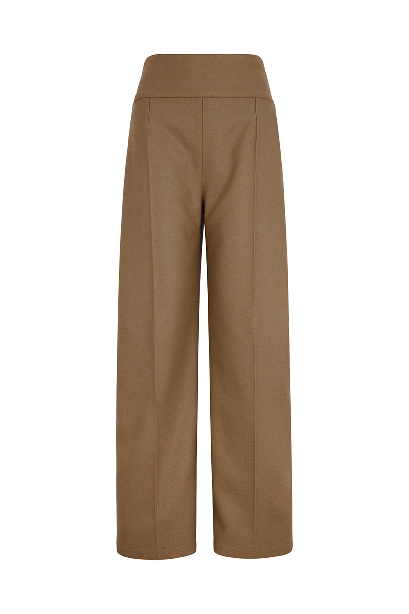 Lorena Saravia Serena wool pants displayed from the front, showcasing the stylish tailored design and soft fabric texture.