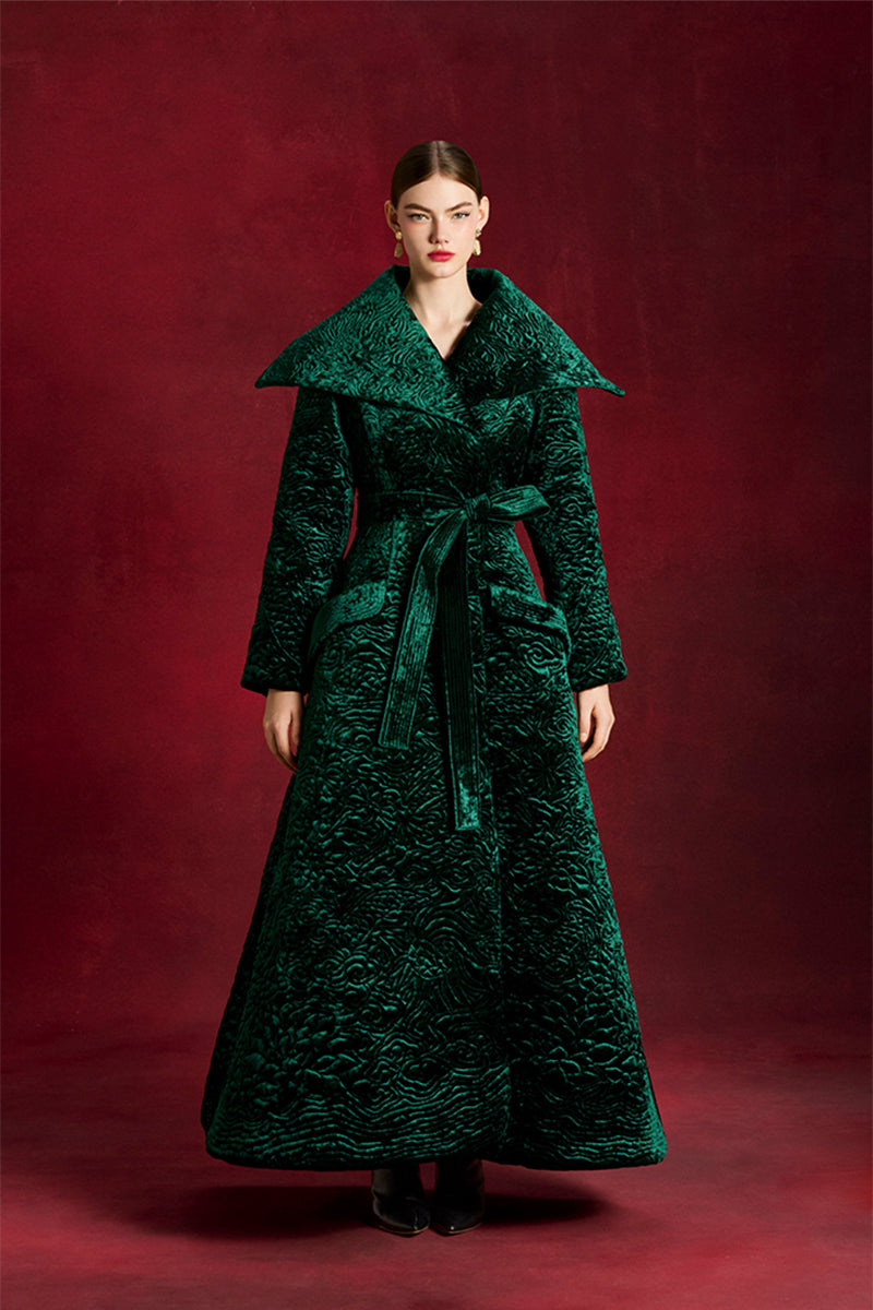 Le Thanh Hoa Verdant Coat in lush green fabric, stylish long coat with tailored fit, perfect for winter wear.