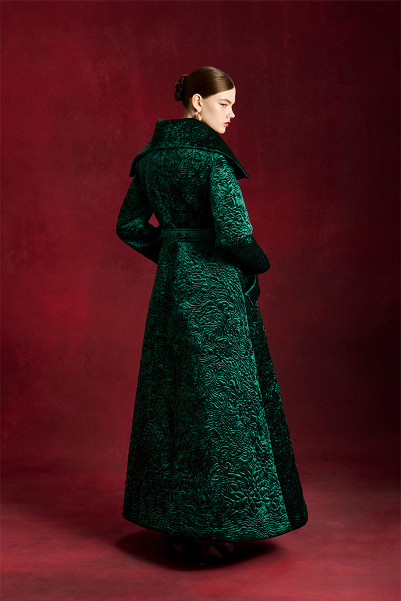 Le Thanh Hoa The Verdant Coat, stylish outerwear with a tailored fit and lush green fabric, perfect for fall and winter wear.