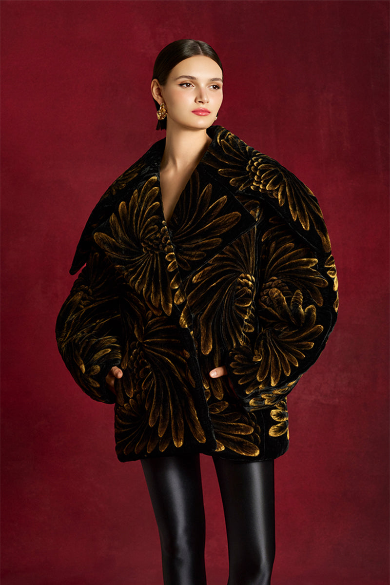 Le Thanh Hoa Aoni Gold-Quilted Jacket, stylish outerwear with gold quilting, shown on a model in a full-length shot.