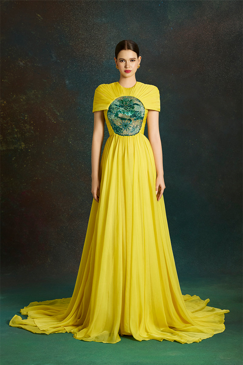 Le Thanh Hoa Dragon Sun-Gown featuring intricate dragon embroidery, flowing fabric, and traditional design.