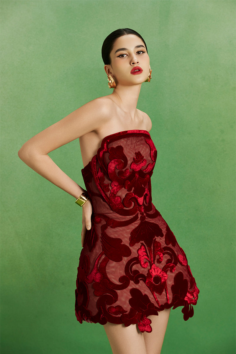 Le Thanh Hoa Velvet Shadows Mini Dress displayed on a hanger with a dark, velvet fabric and shadowy design details.