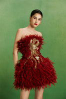 Le Thanh Hoa Golden Phoenix mini dress featuring a vibrant gold design and stylish fit, perfect for elegant occasions.