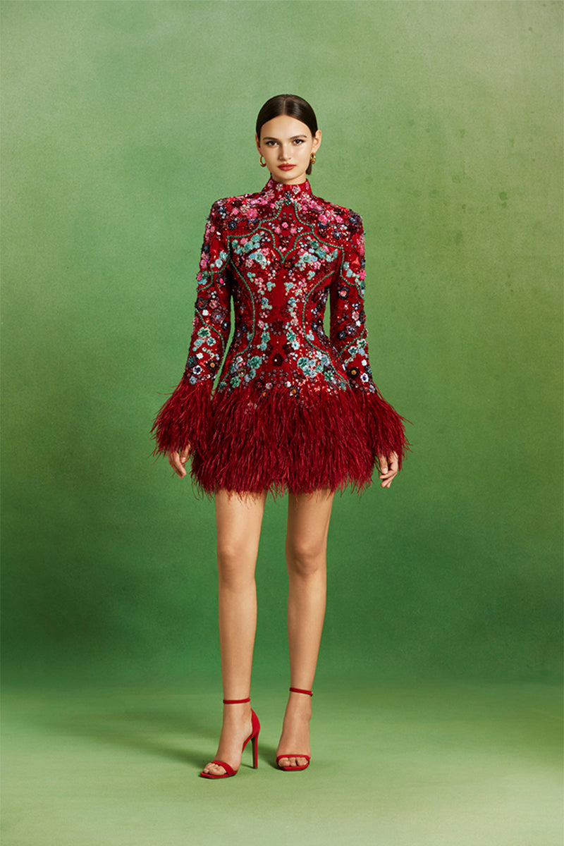 Le Thanh Hoa Ruby Blossom Dress mini dress with vibrant floral pattern and elegant design, perfect for casual or semi-formal occasions.