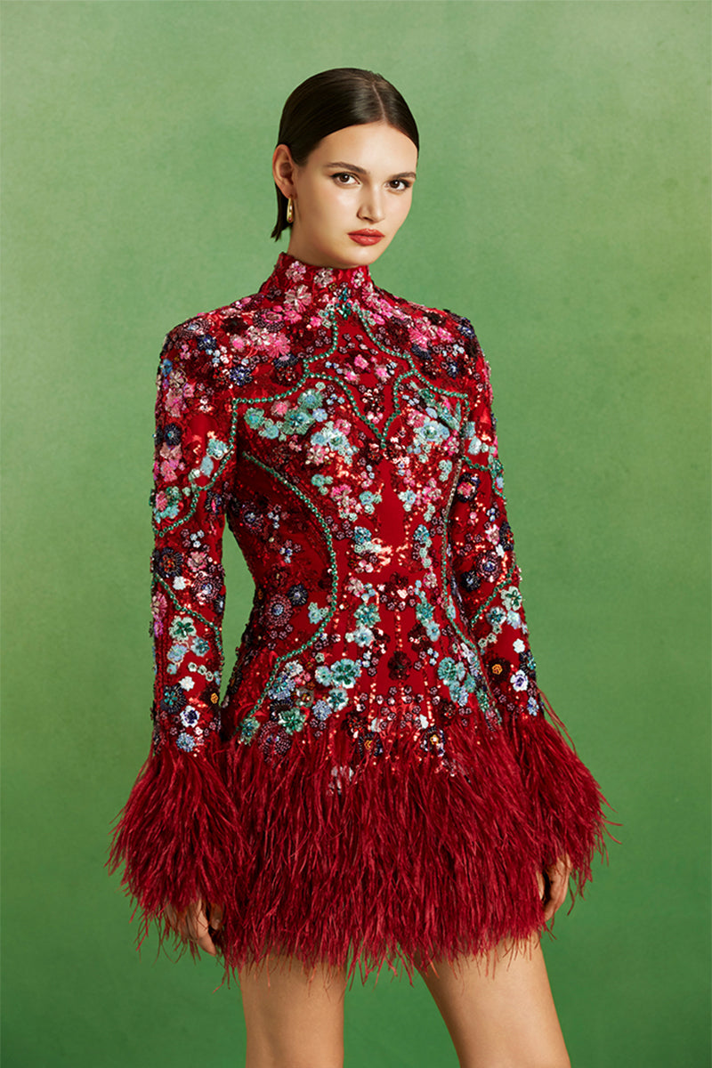Le Thanh Hoa Ruby Blossom Dress, a stylish mini dress with floral design, showcased on a model in a fashion photoshoot.