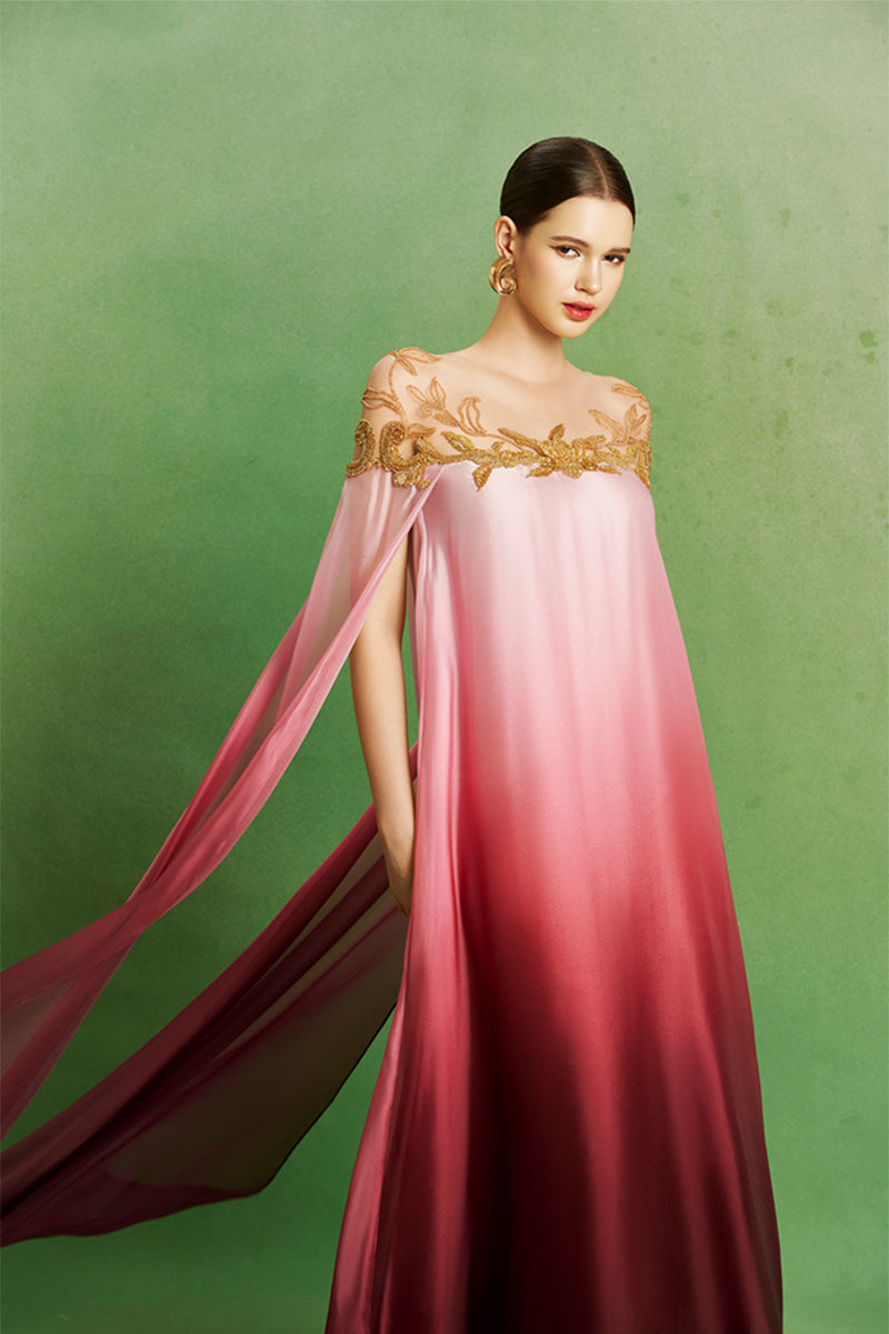 Elegant Dusk Rose Ombre gown by Le Thanh Hoa featuring flowing fabric and intricate design details.