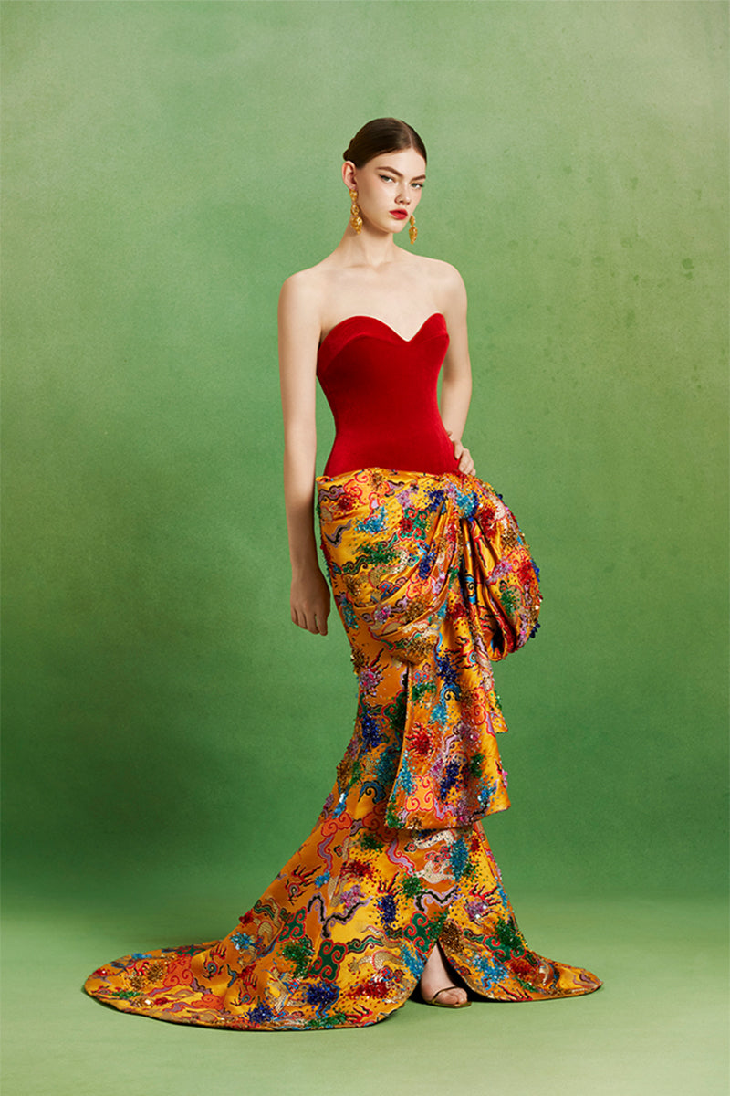 Elegant Imperial Bow Gown by Le Thanh Hoa featuring intricate detailing and luxurious fabric, perfect for formal occasions.