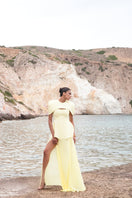 Matters Verona butter yellow gown showing elegant, flowing fabric and stylish design perfect for formal occasions.