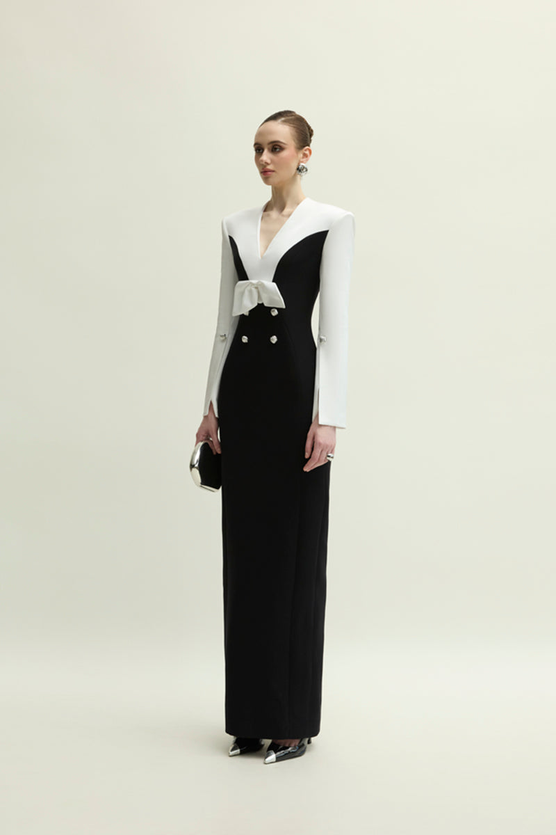 White and black Shalom gown by Jenny K Tran, elegant dress with flowing fabric and stylish design.