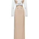 Jenny K Tran Shalom gown in white and beige, elegant long dress with intricate details, perfect for formal occasions.