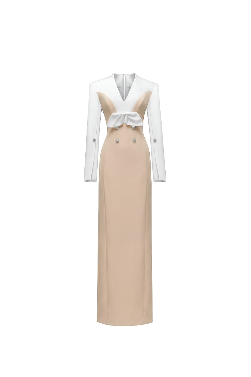 Jenny K Tran Shalom gown in white and beige, elegant long dress with intricate details, perfect for formal occasions.