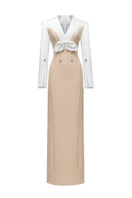 Jenny K Tran Shalom gown in white and beige, elegant long dress with intricate details, perfect for formal occasions.