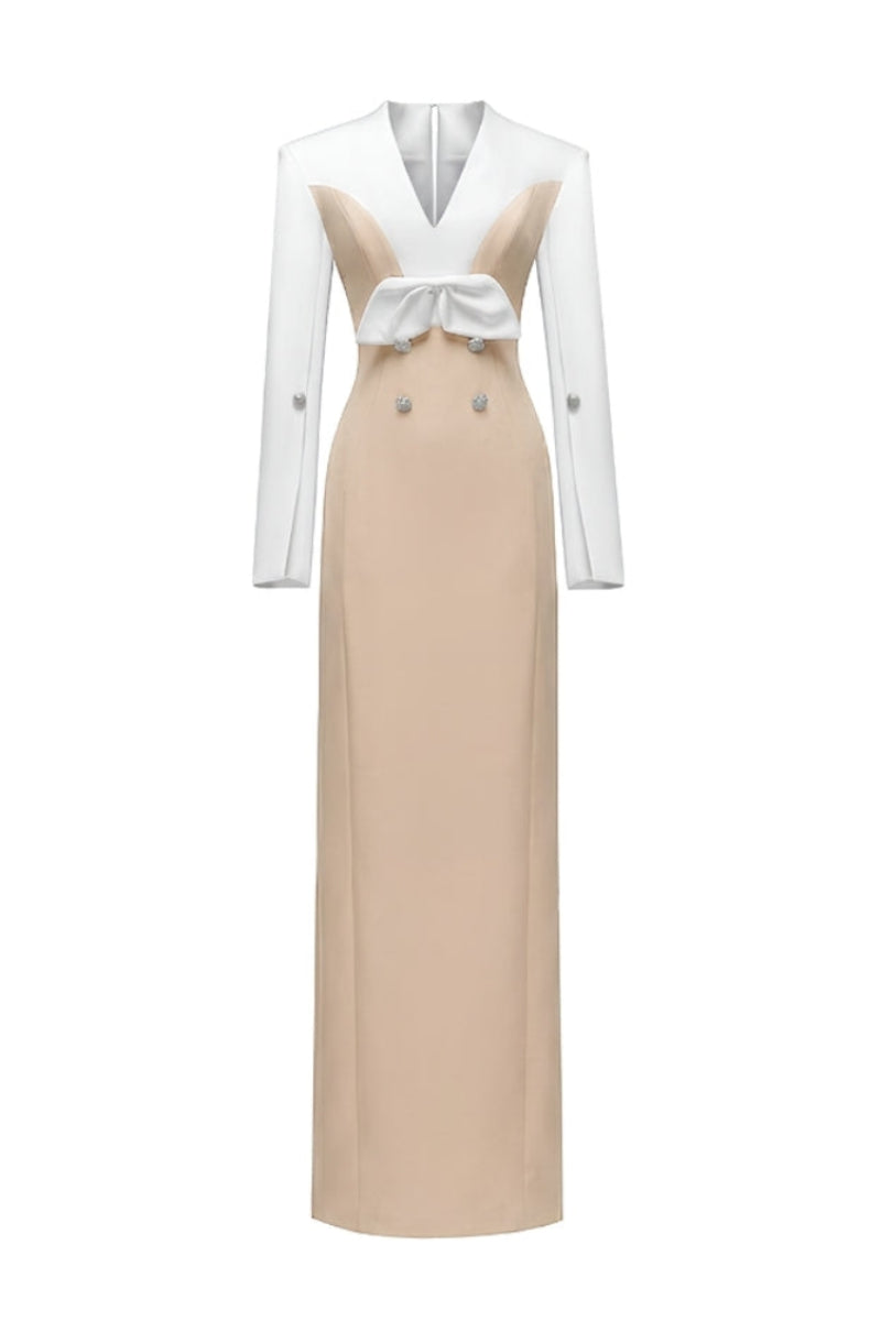 Jenny K Tran Shalom gown in white and beige, elegant long dress with intricate details, perfect for formal occasions.