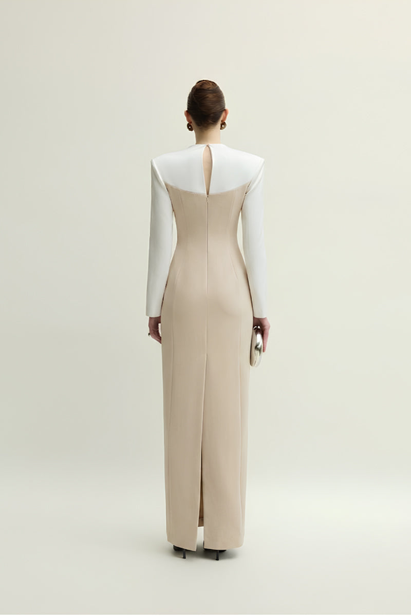 White and beige Shalom gown by Jenny K Tran, elegant dress with intricate details and flowing fabric, perfect for formal occasions.