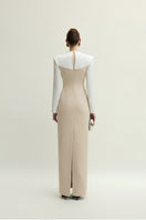 White and beige Shalom gown by Jenny K Tran, elegant dress with intricate details and flowing fabric, perfect for formal occasions.