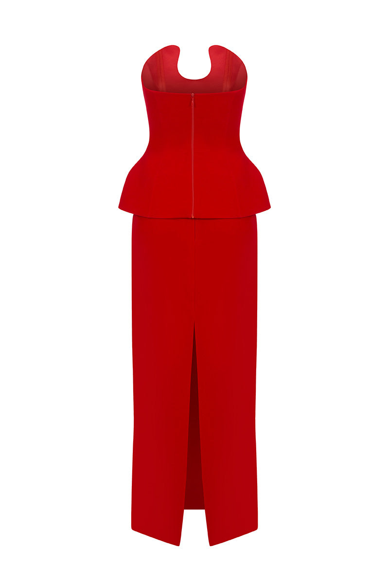 Red Shera corset and skirt set by Moon Hakaan Yildirimi, featuring a stylish midi dress with a fitted corset and flowing skirt.