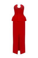 Red Shera corset and skirt gown by Moon Hakaan Yildirim, featuring a fitted corset and flowing skirt in elegant evening style.
