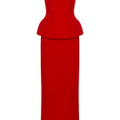 Red Shera corset and skirt gown by Moon Hakaan Yildirim, featuring a fitted corset and flowing skirt, perfect for elegant occasions.