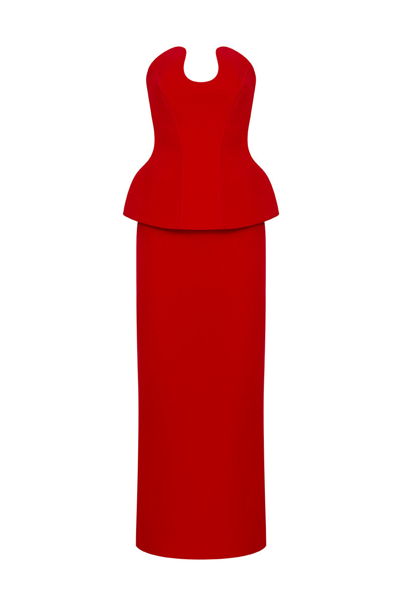 Red Shera corset and midi skirt by Moon Hakaan Yildirim, showcasing a stylish, fitted outfit with detailed design and vibrant color.