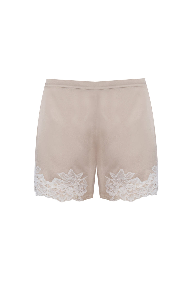 Bocan Couture Georgia Beige cami and shorts pajama set, soft fabric, beige color, perfect for comfortable sleepwear.