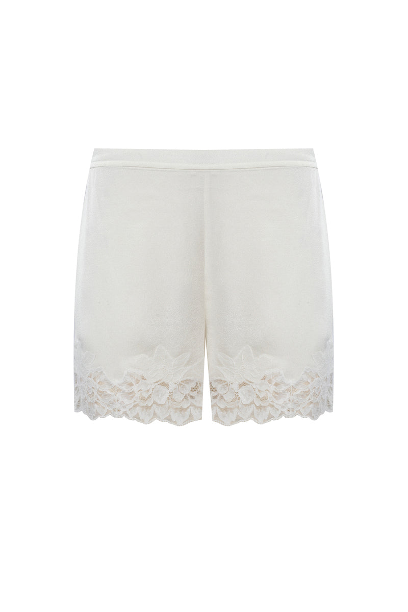 Bocan Couture Georgia off-white pajama cami and shorts set, soft fabric, relaxed fit, ideal for comfortable sleep or lounging.