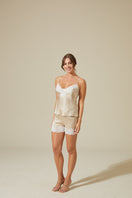Bocan Couture Georgia Beige Cami and Short Pajamas set, soft fabric, beige color, with sleeveless cami top and matching shorts.