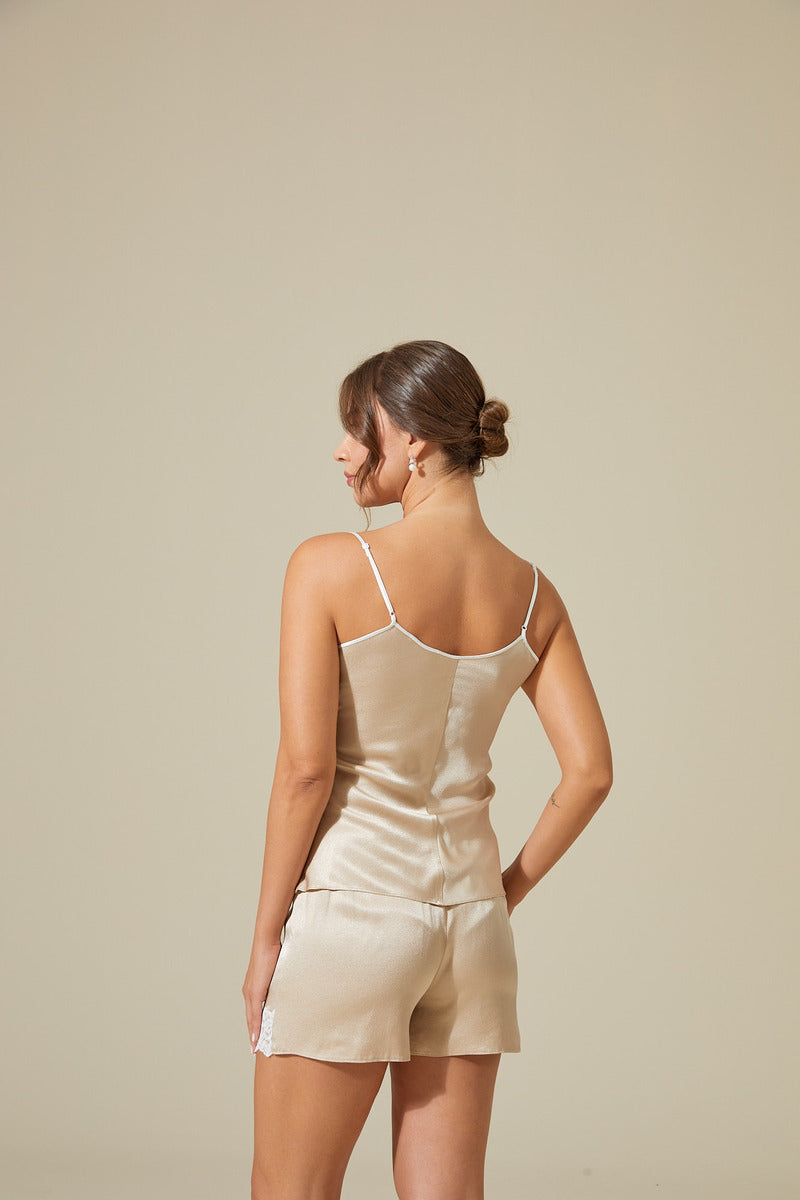 Bocan Couture Georgia Beige Cami and Short Set pajamas with beige cami top and matching shorts, soft and comfortable sleepwear.