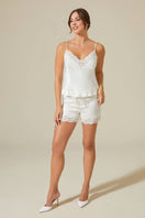Georgia off white pajama camisole and shorts set by Bocan Couture, featuring comfortable fabric and relaxed fit for loungewear.