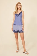Bocan Couture Luna Silk Lilac pajama cami and shorts set, soft silk fabric with lilac color, perfect for comfortable sleepwear.