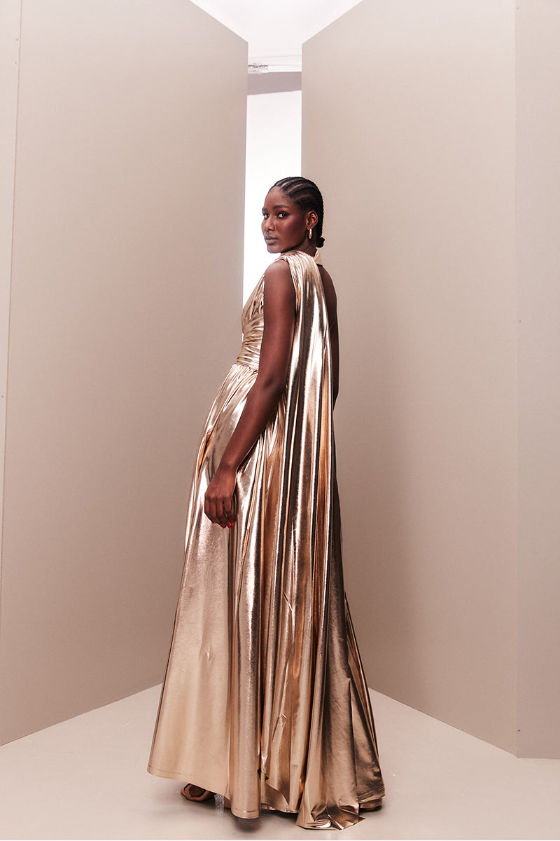 ROSE GOLD METALLIC DRAPED ASYMMETRIC GOWN - CULT MIA