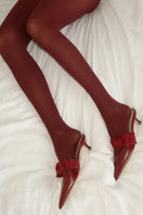 House of Atana side tie mule heels in Bordeaux nappa leather and mesh, featuring a stylish side tie design.