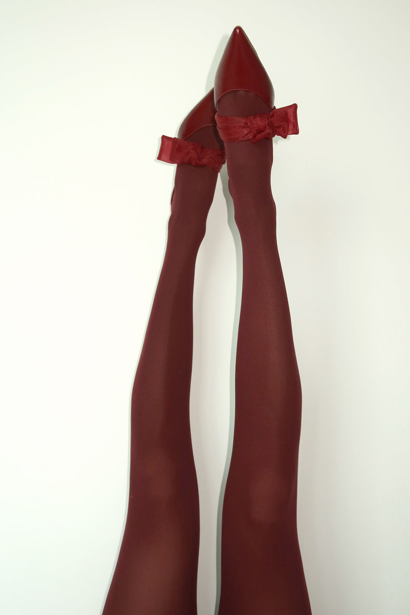 House of Atana Bordeaux nappa and mesh side tie mule heels, stylish open-toe design with sleek heel and side tie detail.