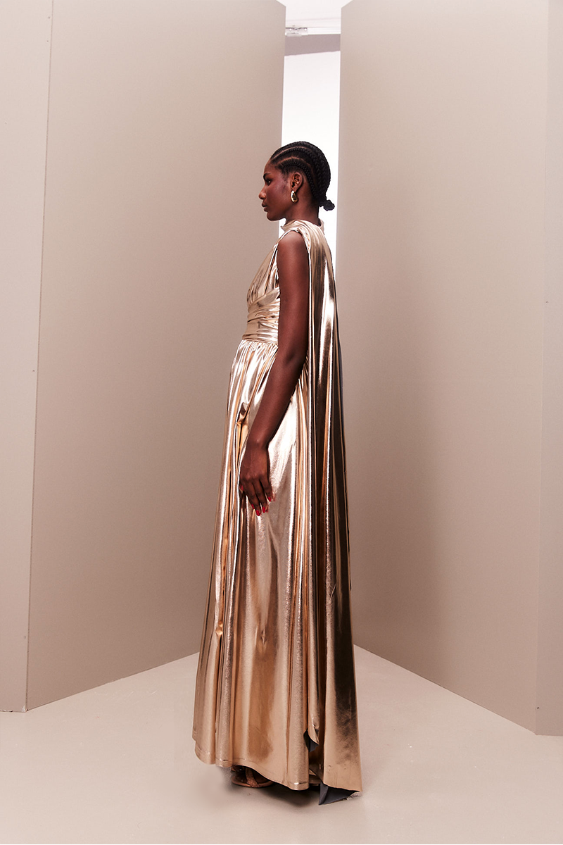 ROSE GOLD METALLIC DRAPED ASYMMETRIC GOWN - CULT MIA