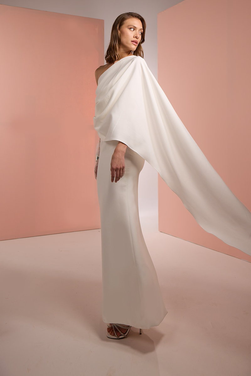 white dress with neck scarf Charlotte Ivory Maxi for Formal Occasions strapless maxi dress with slightly stretch bodice Joanna Andraos CREPE DRESS WITH