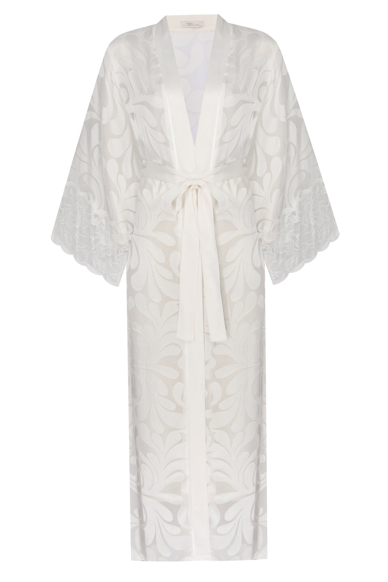 Silky Charlotte robe by Bocan Couture, elegant satin robe with a smooth, shiny finish, displayed hanging on a white background.
