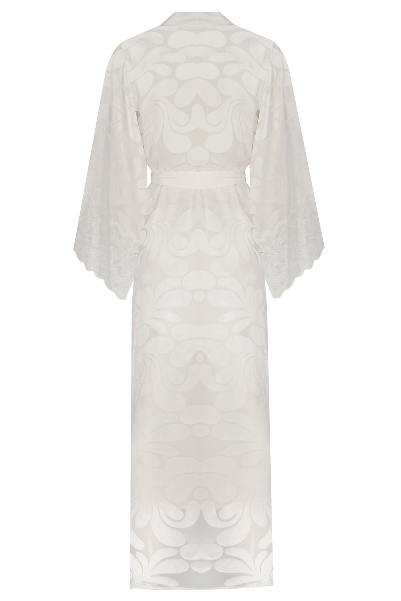 Silky Charlotte Robe by Bocan Couture, soft silky fabric with elegant design, shown hanging on a hook.