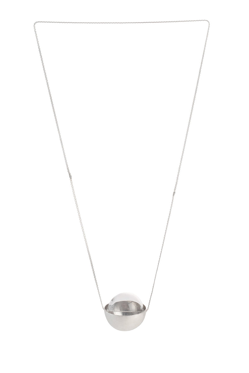 Silver and glass half-sphere necklace by MAZ Manuela Álvarez featuring a sleek silver chain and a glass half-sphere pendant.