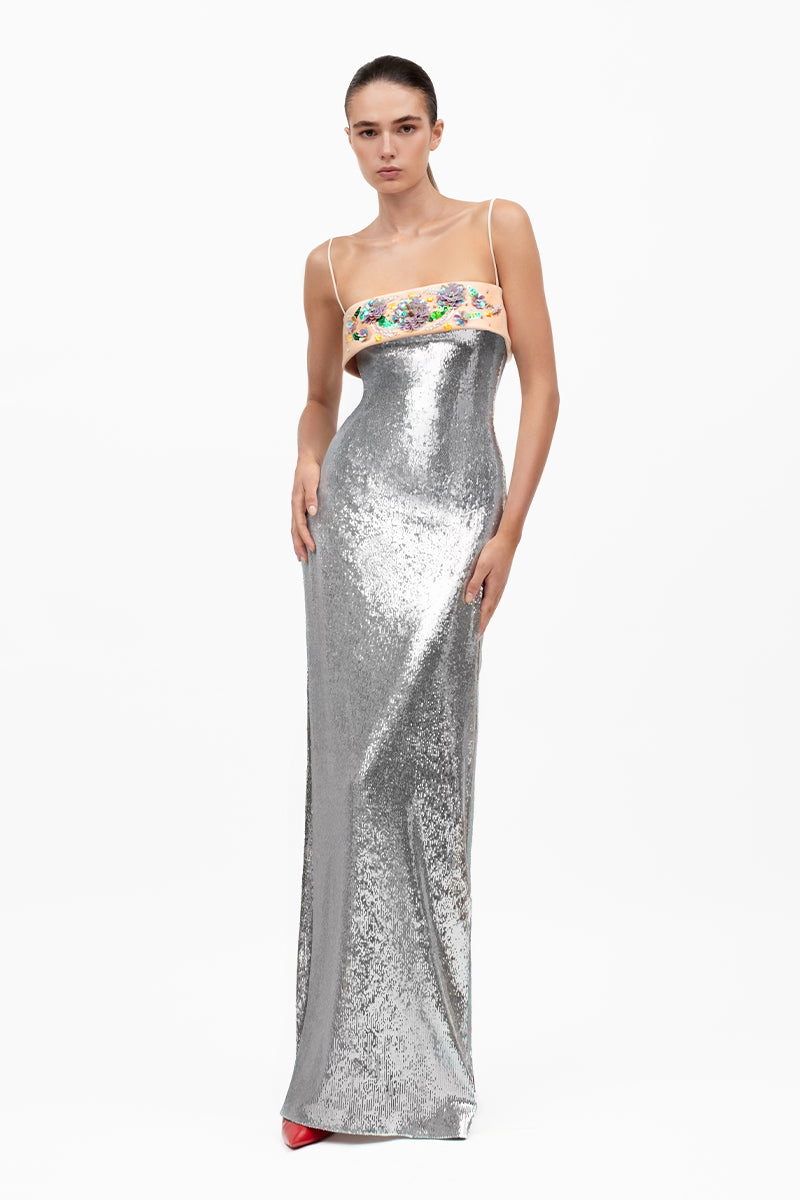diaphanous silver dress Oscar de la Renta Silver Sequin Scallops with Crystals