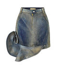 NADYA DZYAK denim mini skirt with decorative accents in rusty denim, front view showcasing stylish detail and classic fit.