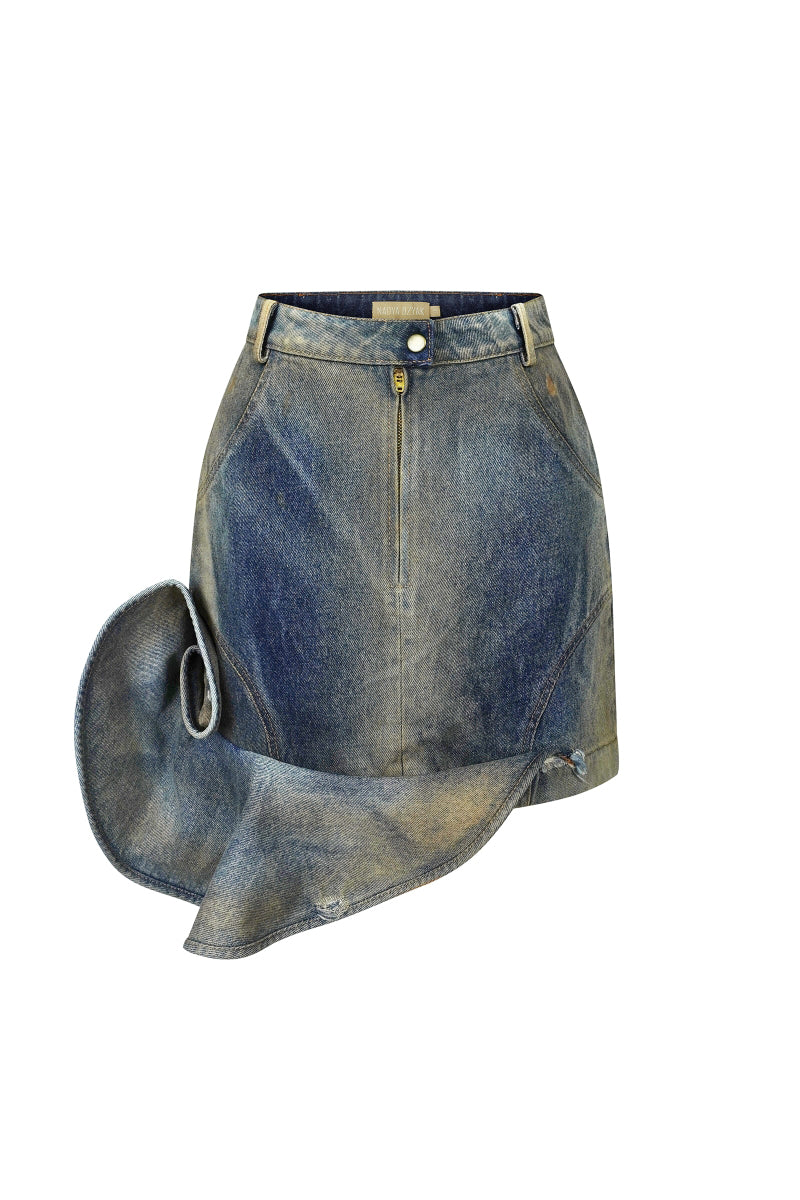 NADYA DZYAK denim mini skirt with rusty denim decorative accents, front view showing fitted waist and stylish detail.