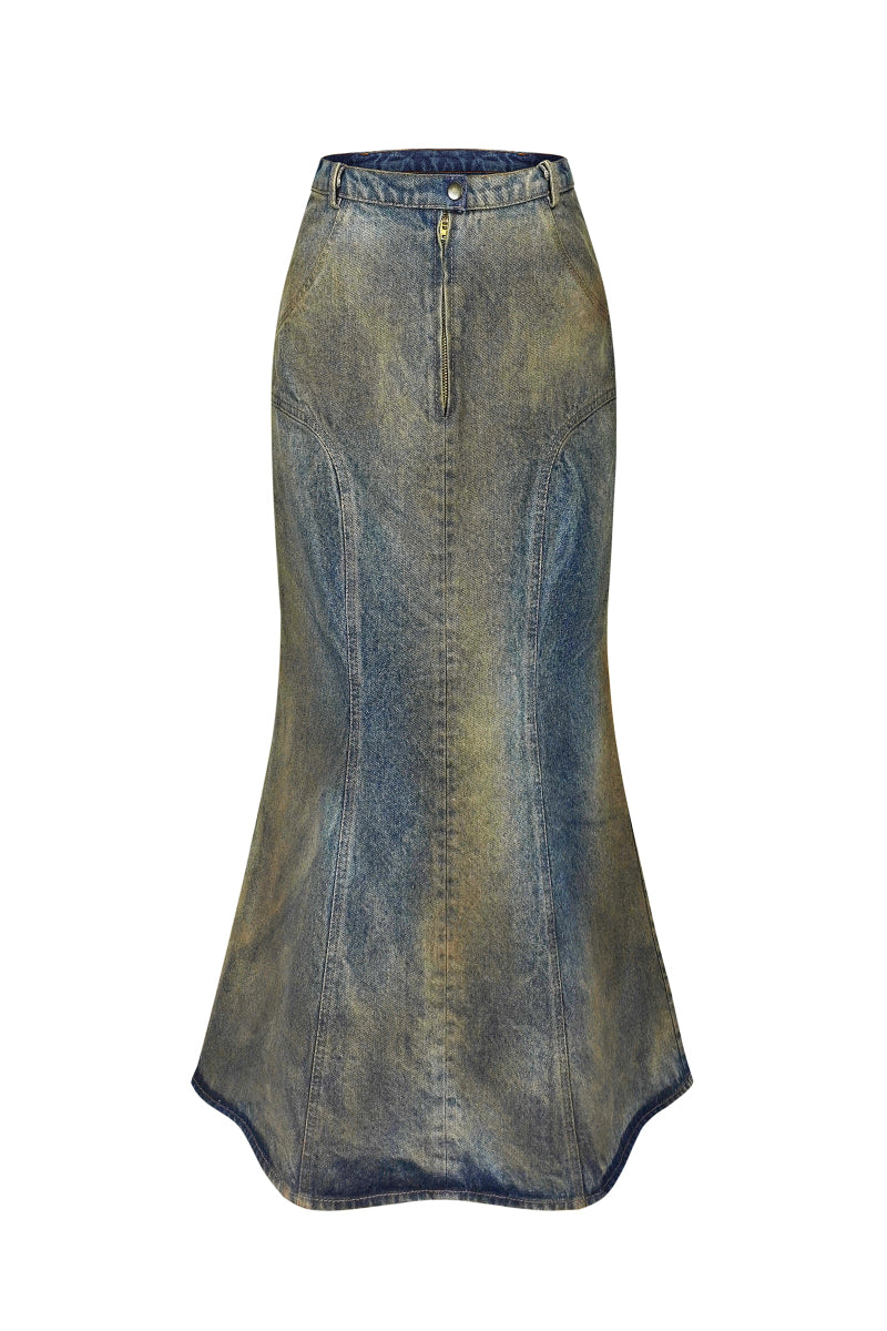 NADYA DZYAK rusty denim midi skirt with a fitted waist and midi length, displayed from the front view.