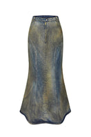 NADYA DZYAK Rusty denim midi skirt showing front view, high-waisted design, and classic denim texture.
