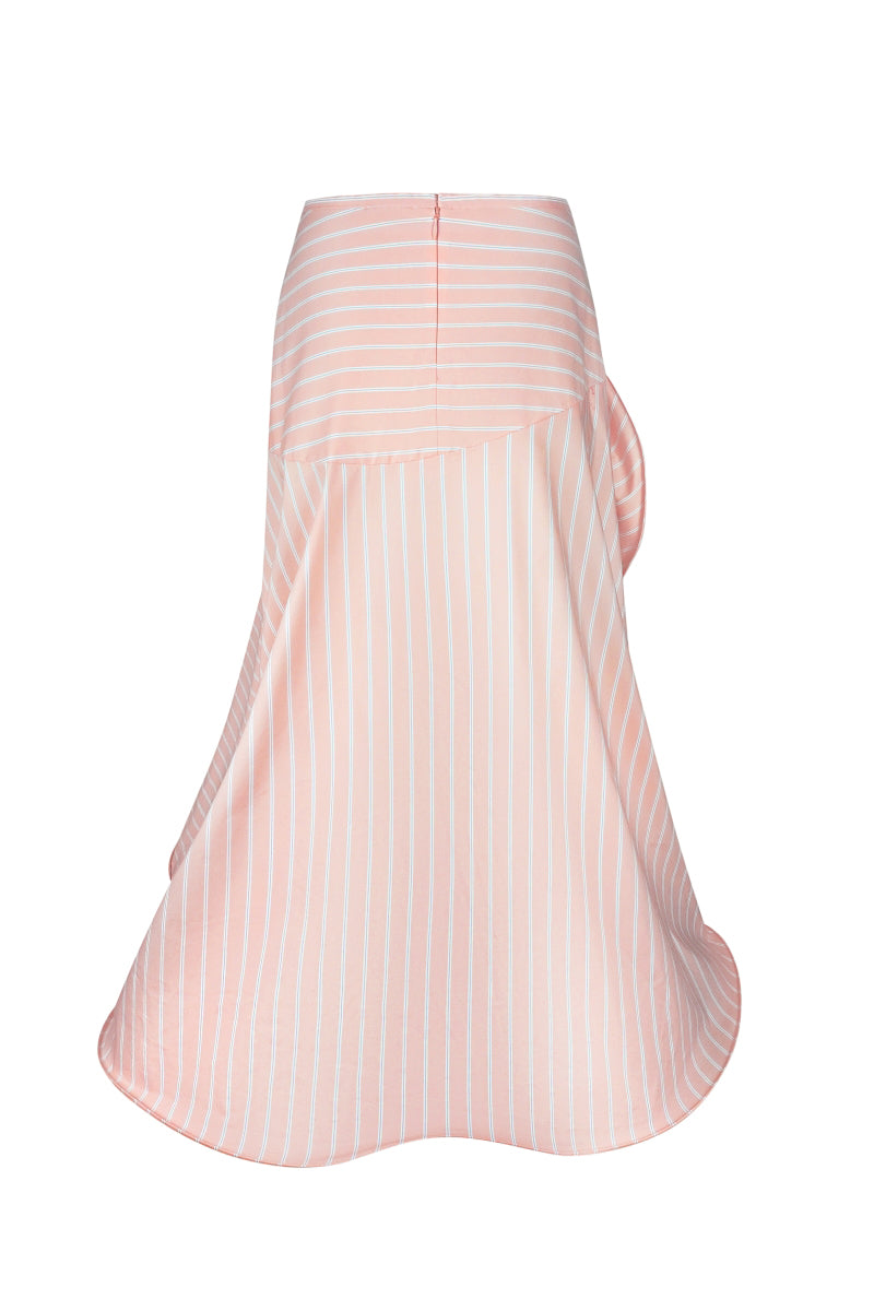 Back view of NADYA DZYAK midi skirt in peach with 3D floral decor, showcasing its elegant design and textured details.