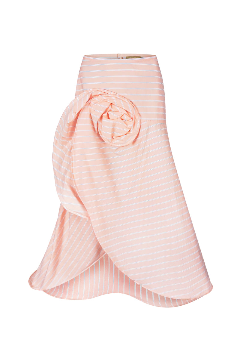 Nadya Dzyak midi skirt in peach with 3D floral decor, front view showcasing the elegant, textured floral design.